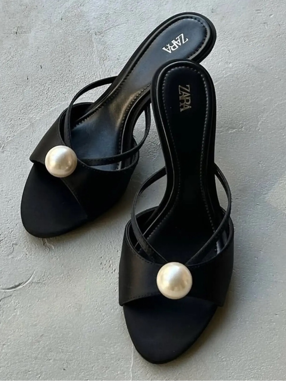 ZARA Black Heeled Slide Sandals with Pearl Accent